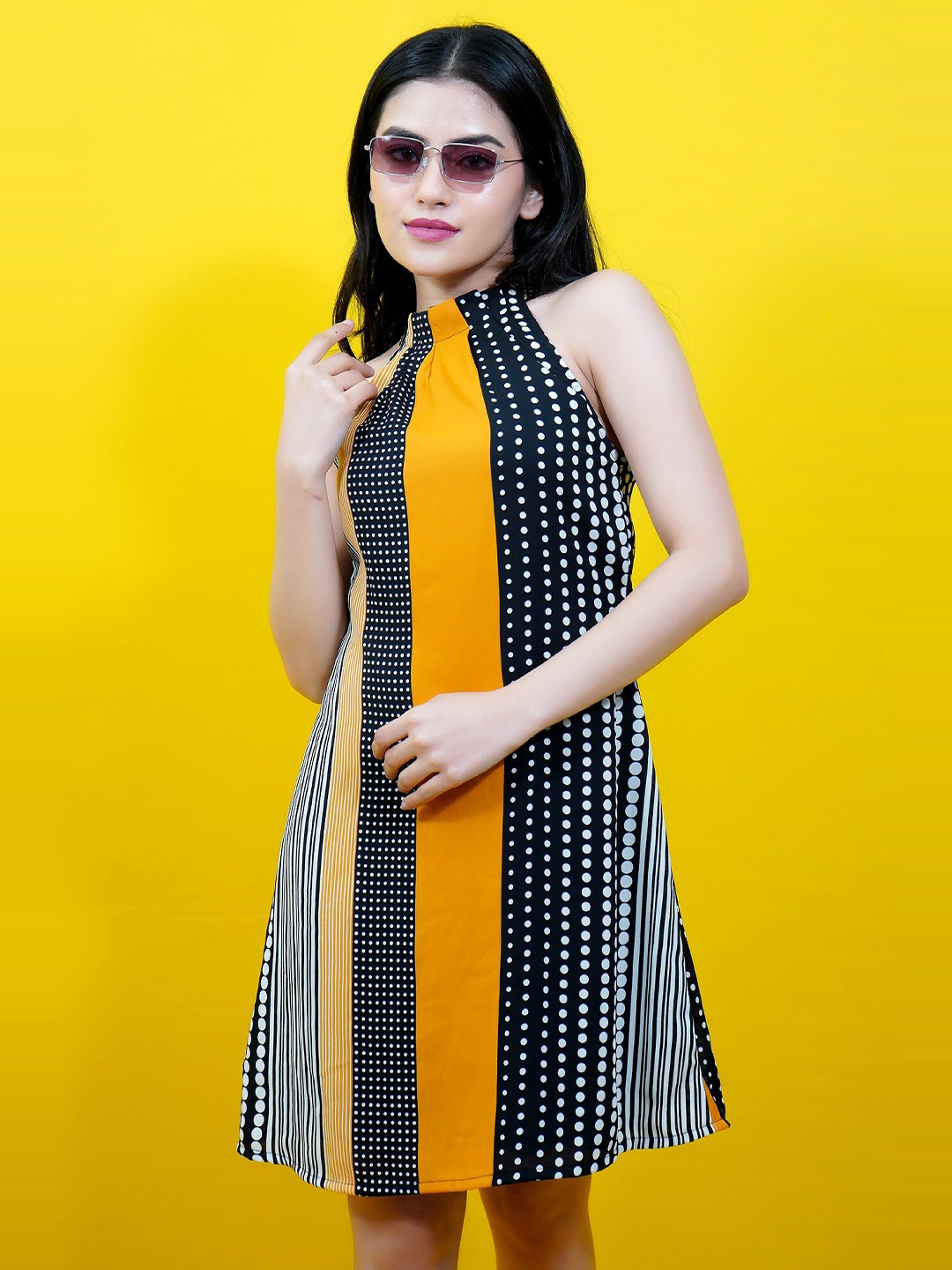 

CRAZEVILLA Polka Dots Printed A-Line Dress, Black