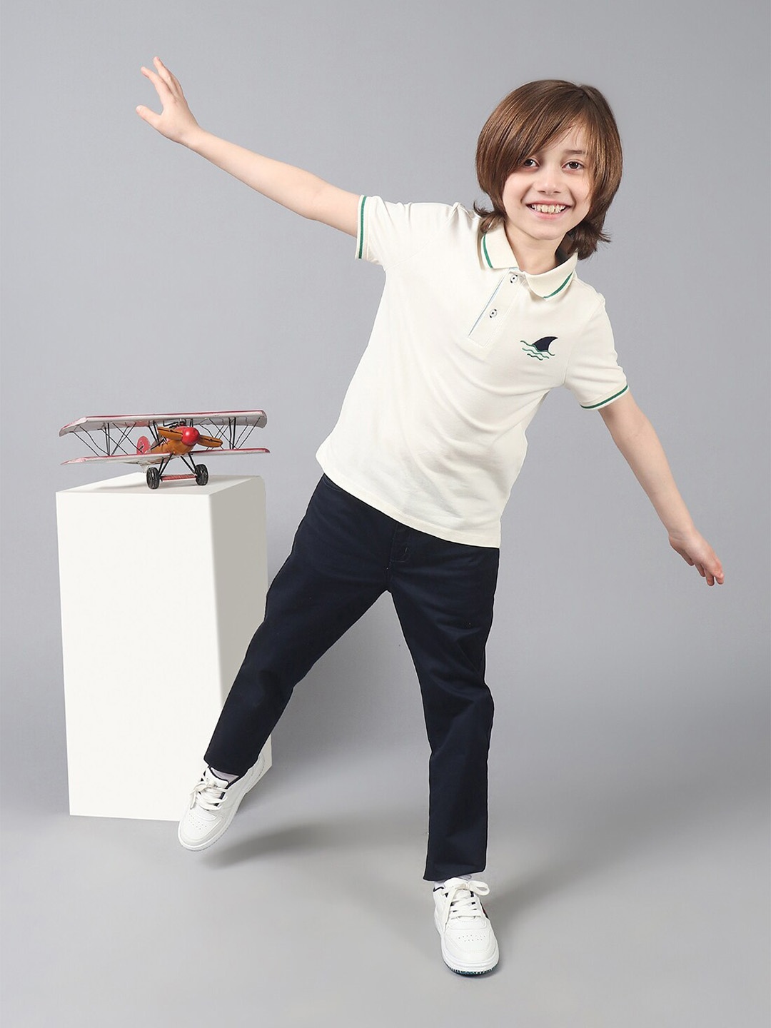 

One Friday Boys Stretchable Polo T-shirt With Embroidery, White