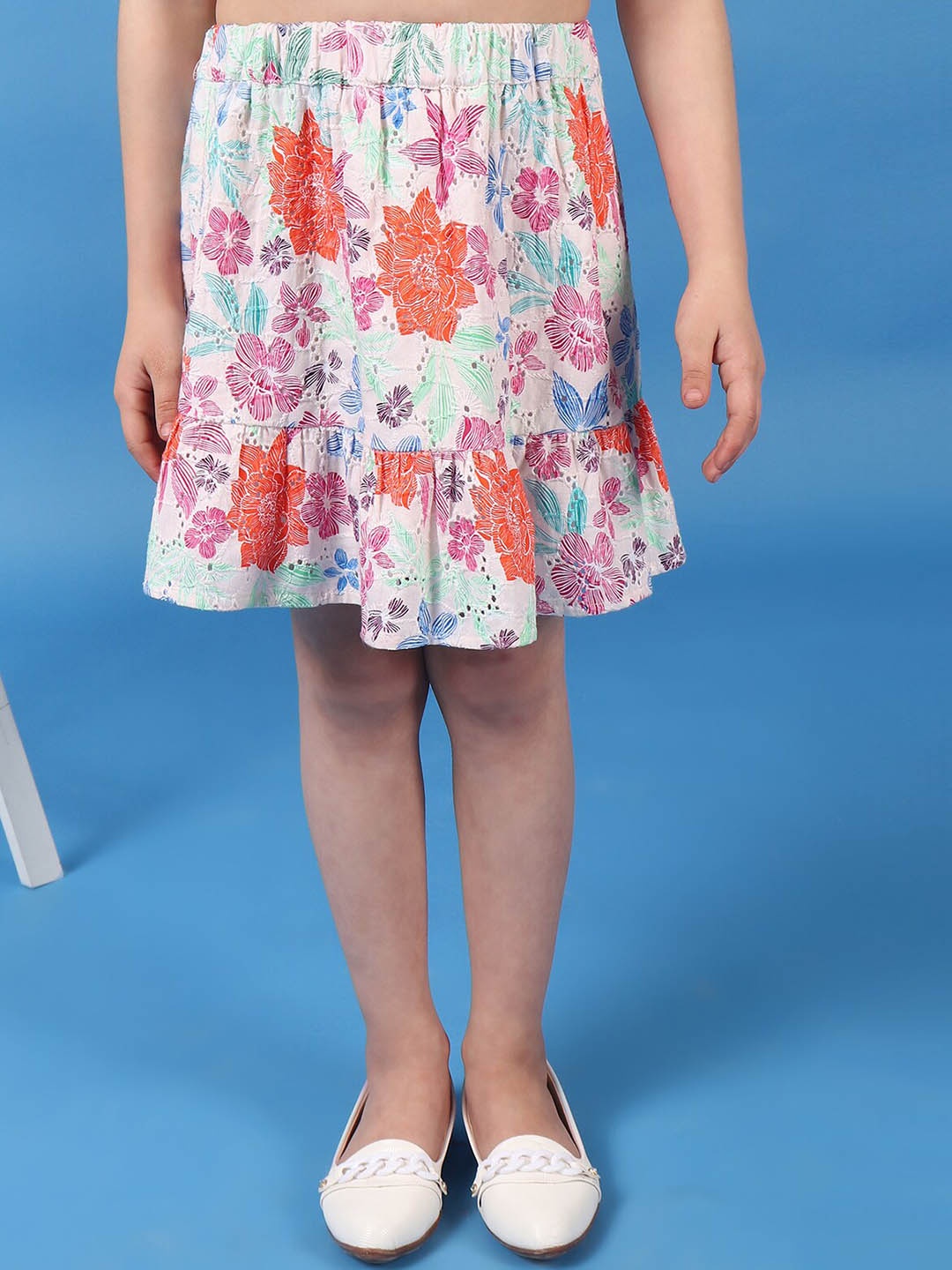 

One Friday Girls Printed Tiered Skirt With Elasticated Waistband, Beige