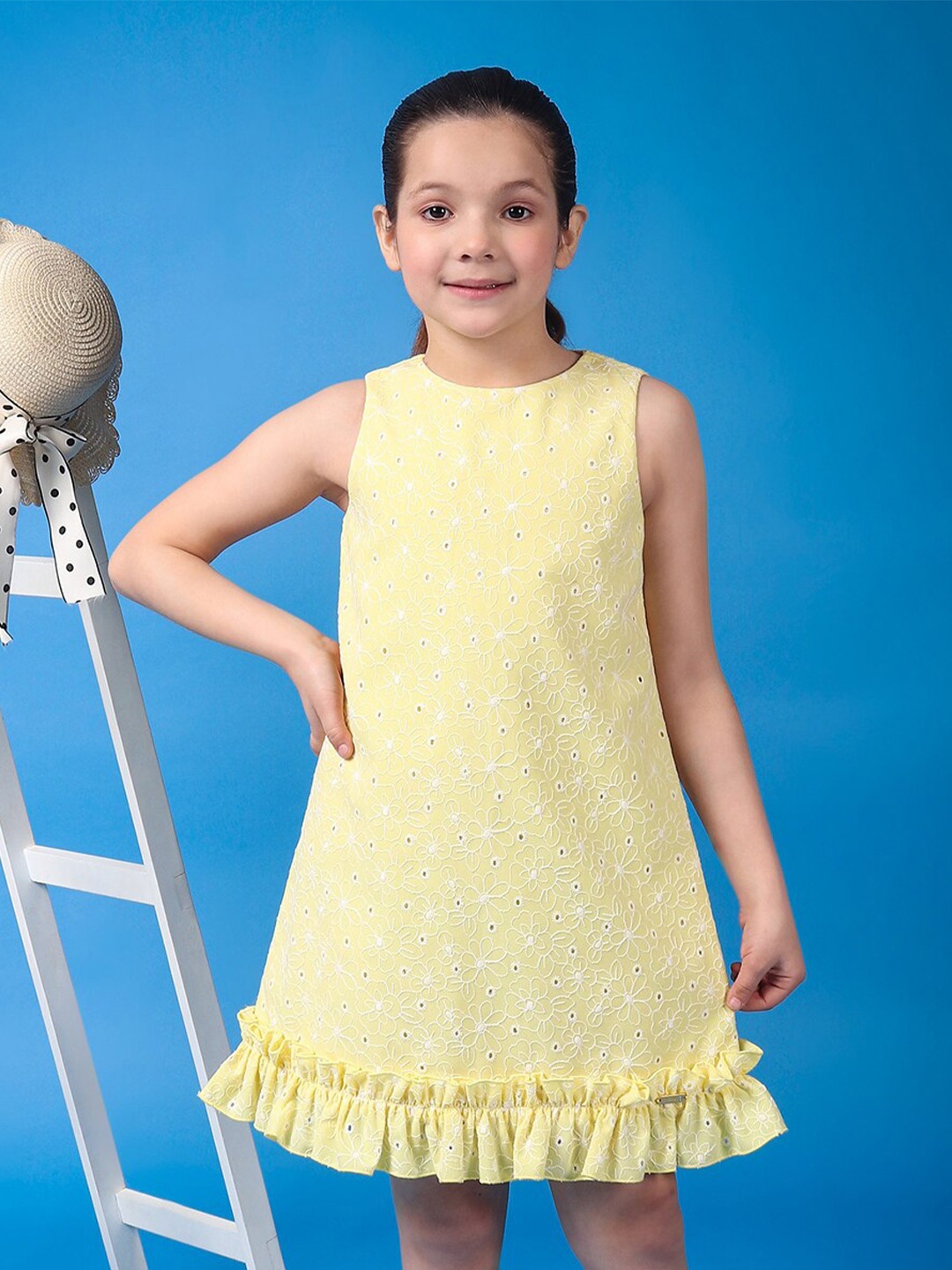 

One Friday Girls Floral Embroidered A-Line Dress, Yellow