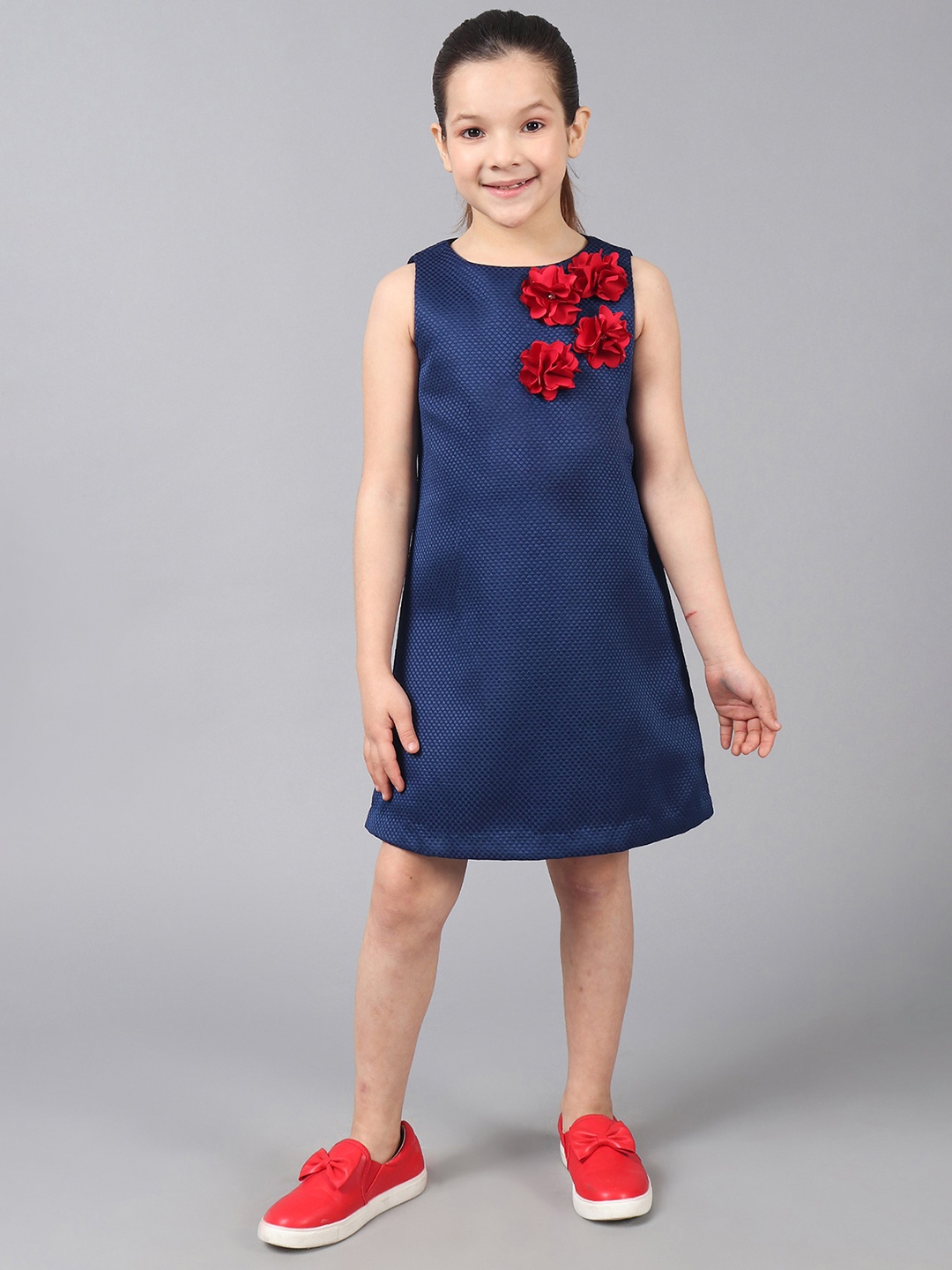 

One Friday Girls Sleeveless Flowers Applique A-Line Dress, Navy blue