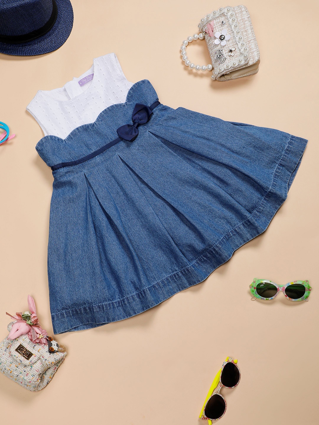 

One Friday Girls Colourblocked Cotton Denim Fit & Flare Dress, Blue