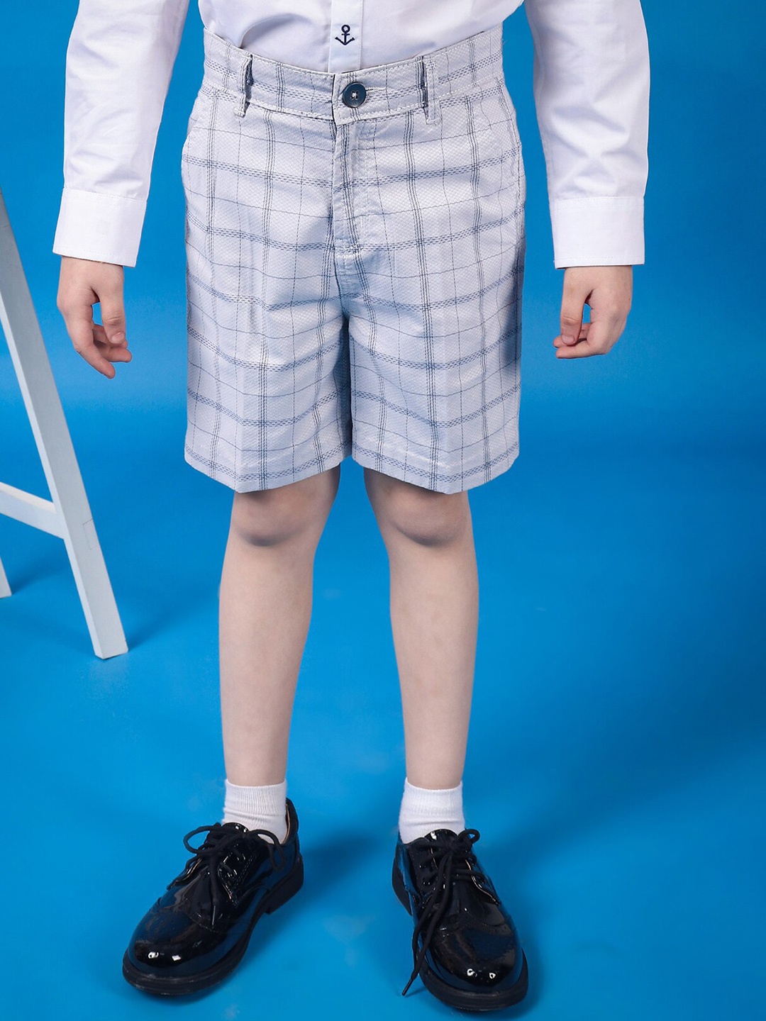 

One Friday Boys Mid-Rise Pure Cotton Check Shorts, Grey