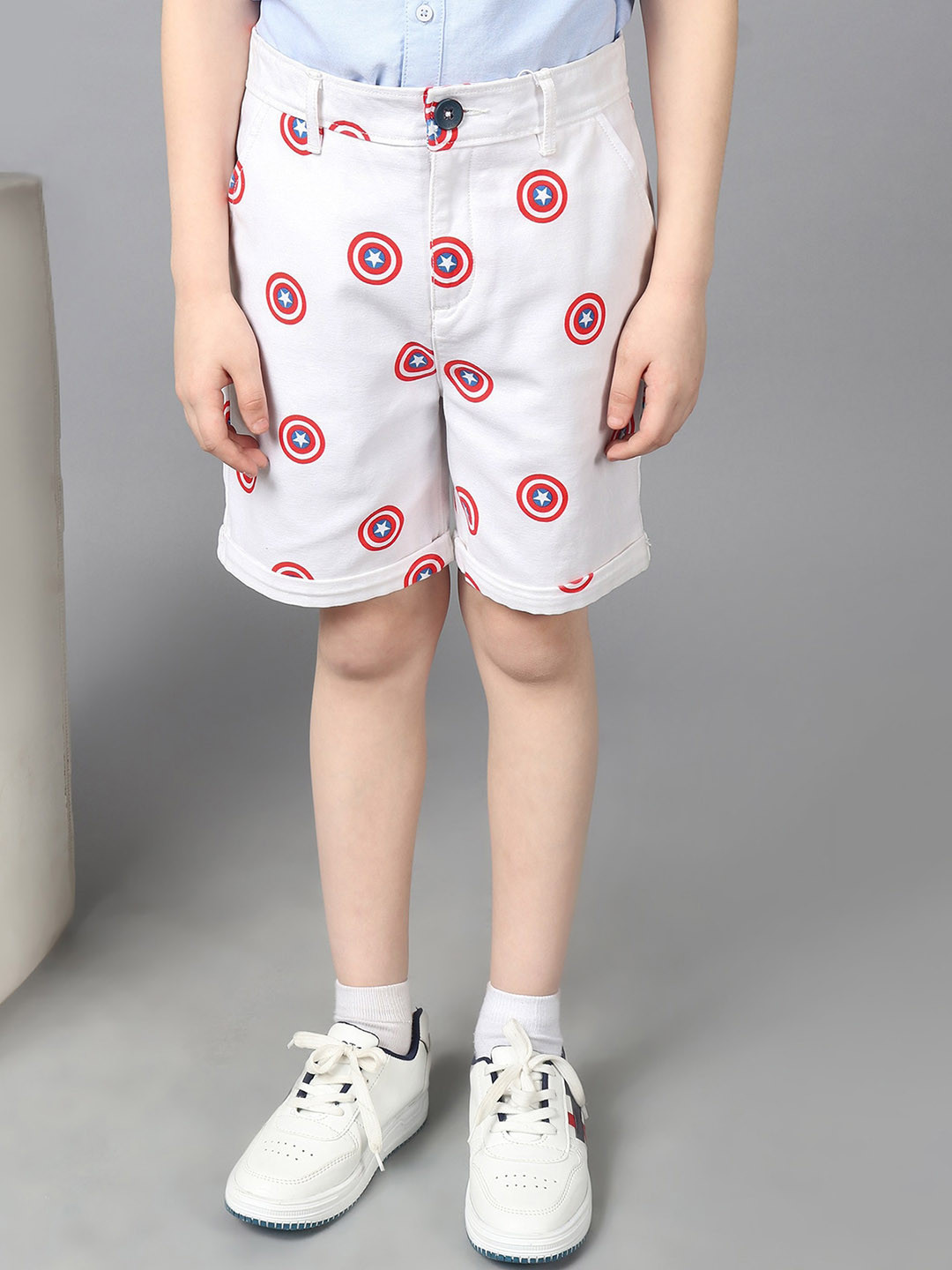 

One Friday Boys Avengers Printed Mid-Rise Pure Cotton Shorts, White