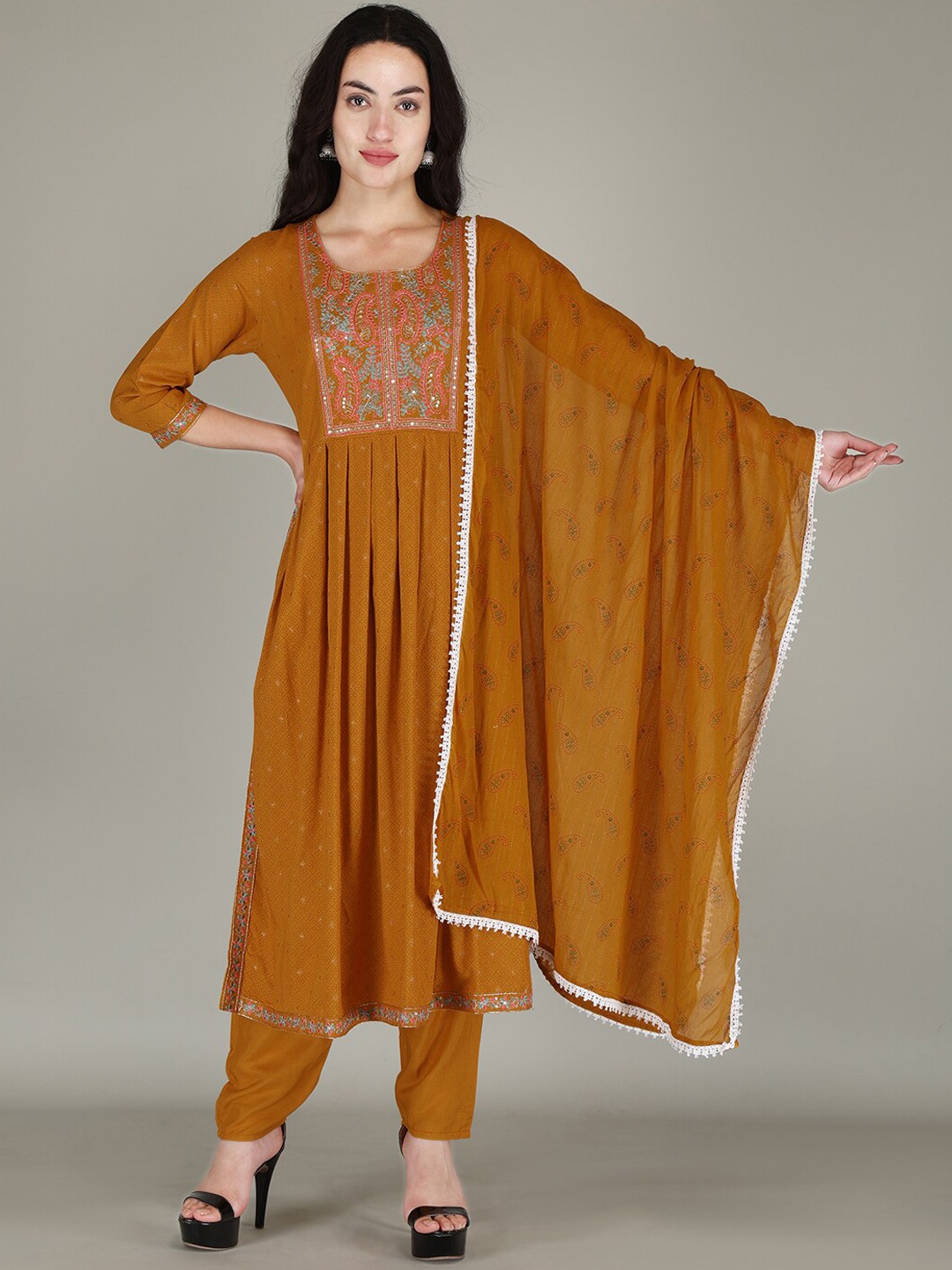 

PARTHVI Floral Printed Regular Sequinned Kurta With Trousers & Dupatta, Yellow