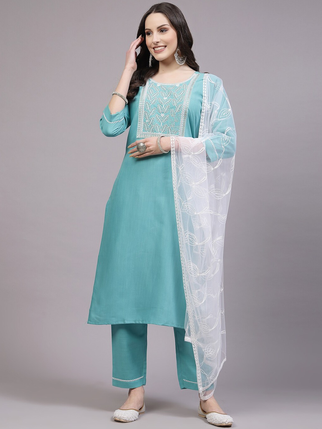 

BAESD Ethnic Motifs Embroidered Round Neck Kurta with Trousers & Dupatta, Sea green