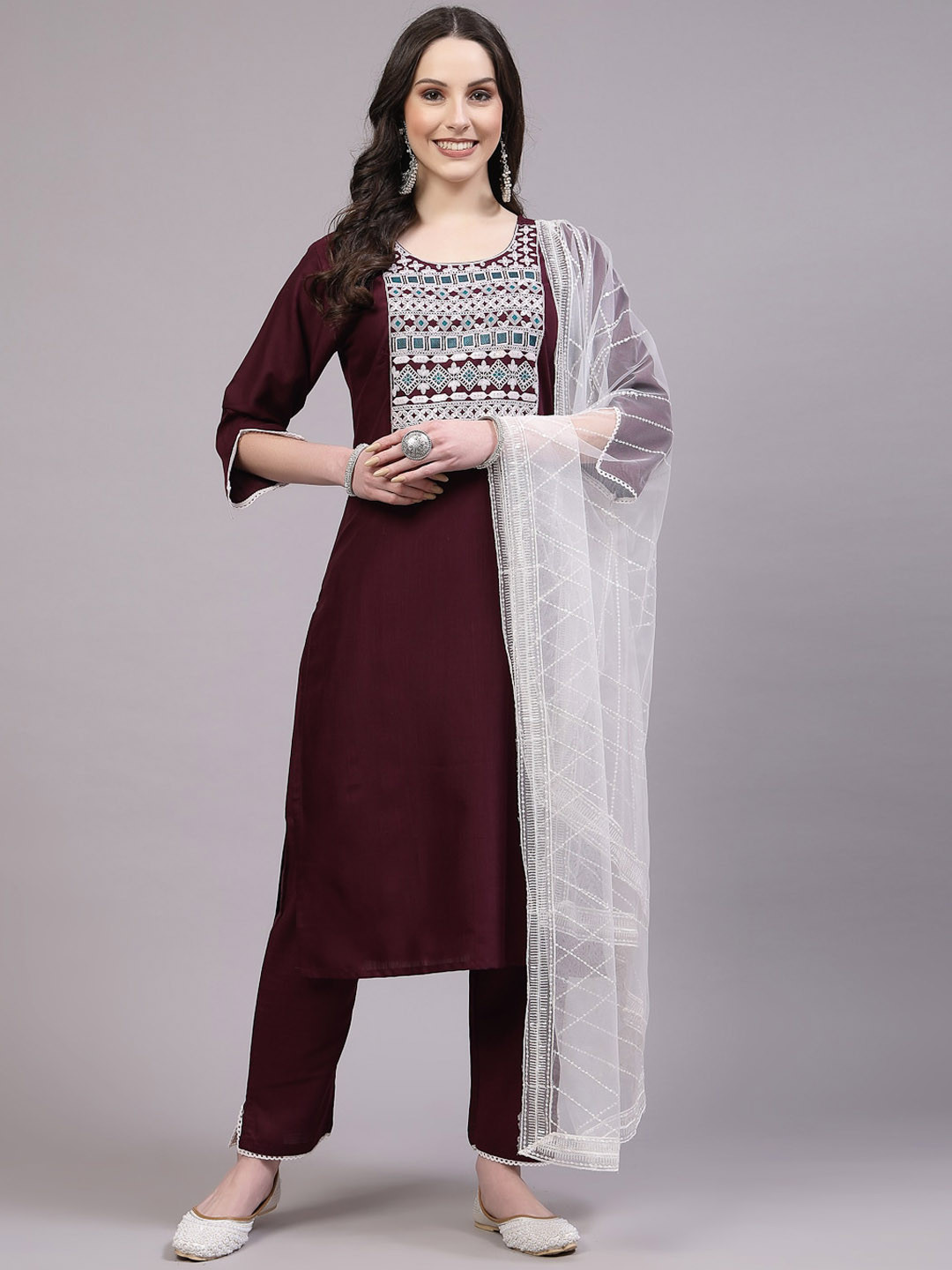 

BAESD Ethnic Motifs Yoke Design Thread Work Detailed Straight Kurta & Trouser With Dupatta, Maroon