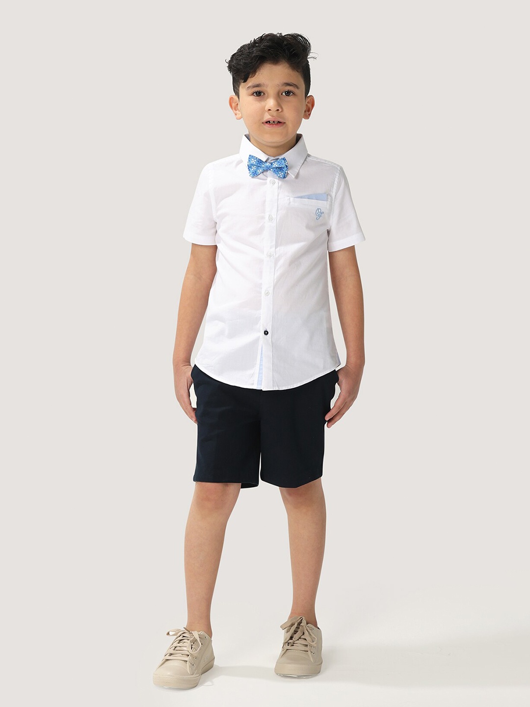 

One Friday Boys Pure Cotton Shirt Sleeves Shirt With Bow, White