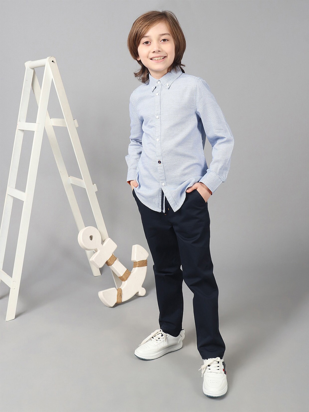 

One Friday Boys Micro Print Full Sleeves Pure Cotton Shirt, Blue