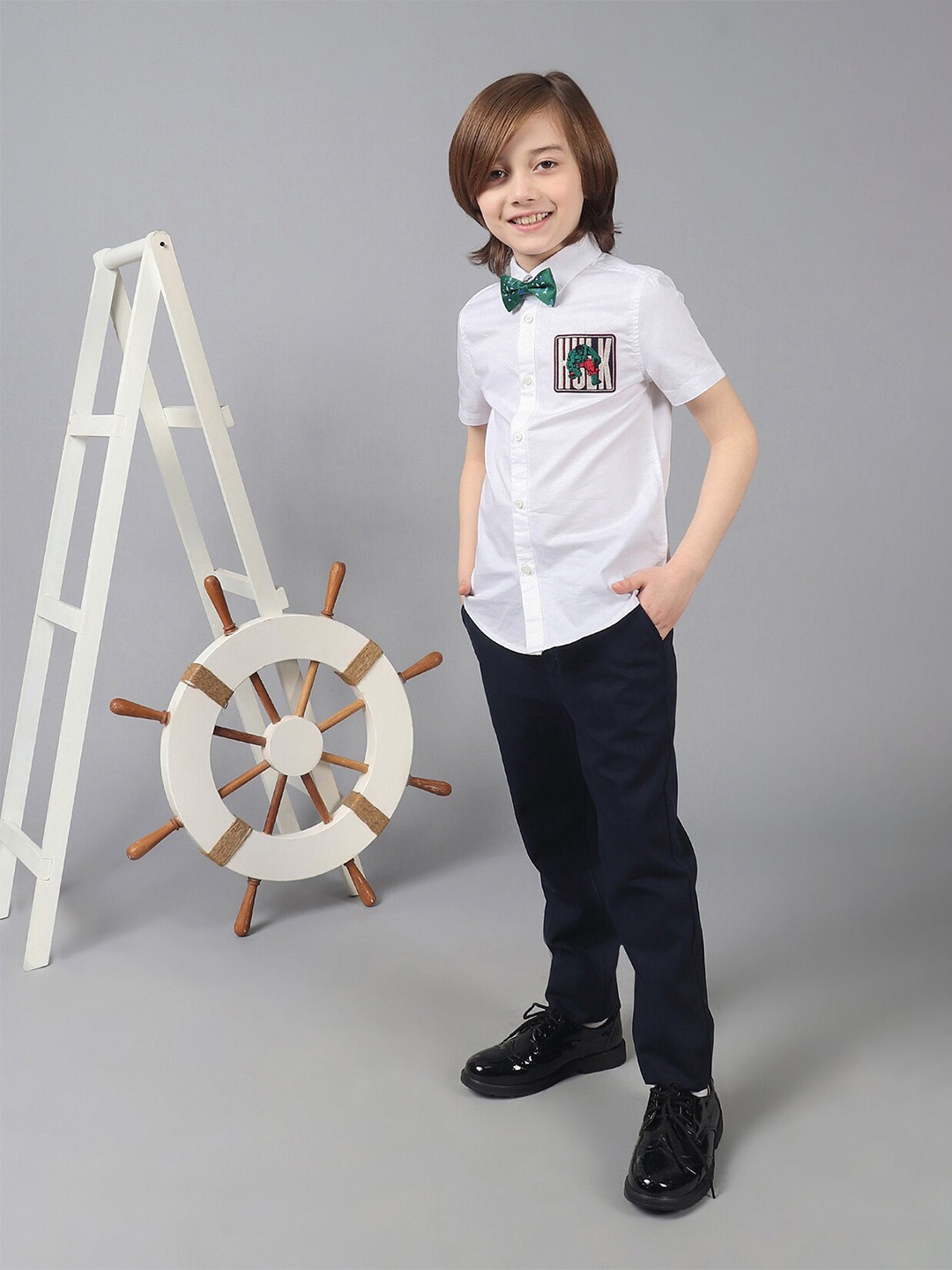 

One Friday Boys Pure Cotton White Short Sleeve Shirt With Hulk Embroidery