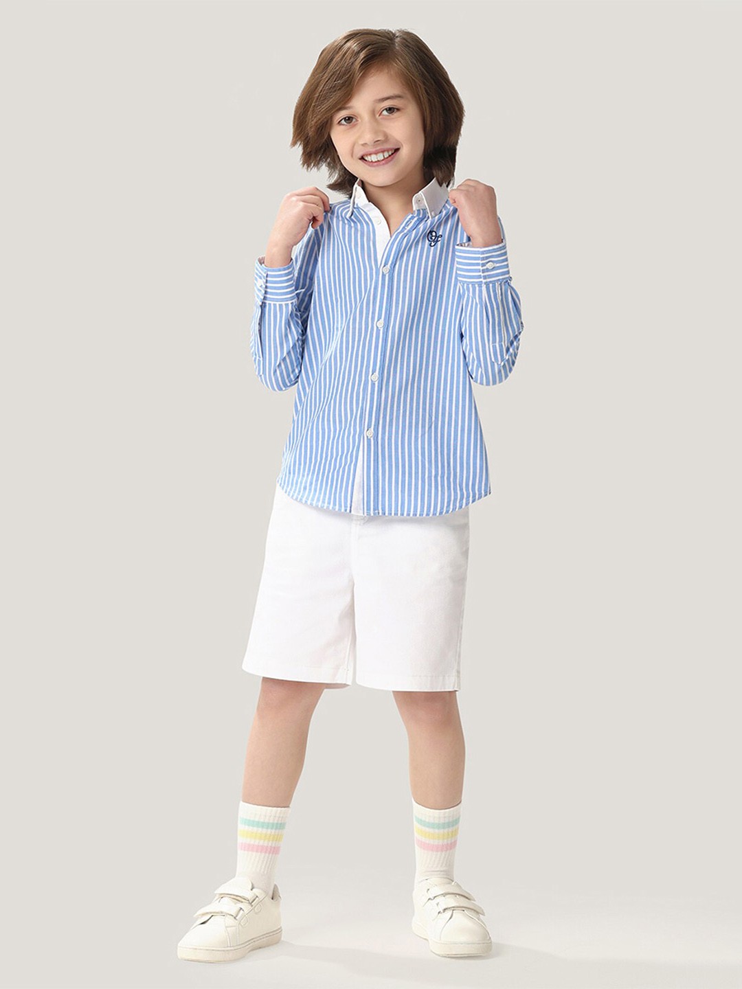 

One Friday Boys Striped Pure Cotton Shirt With Contrast Collar, Blue