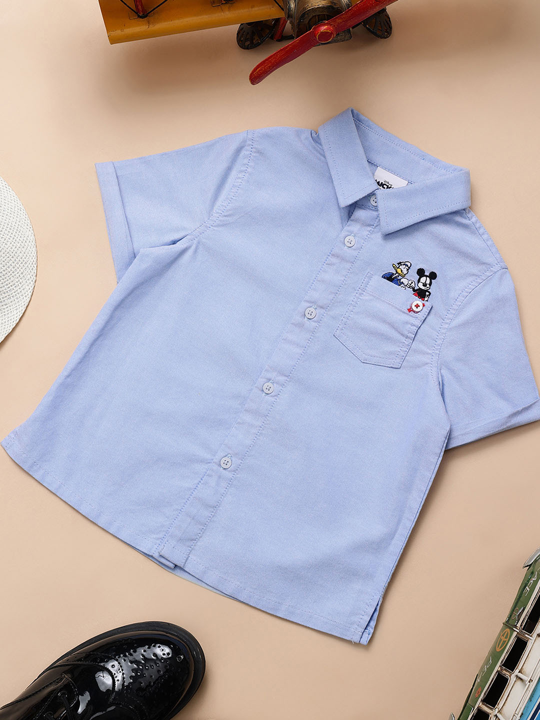 

One Friday Infant Boys Pure Cotton Short Sleeve Shirt With Embroidery, Blue