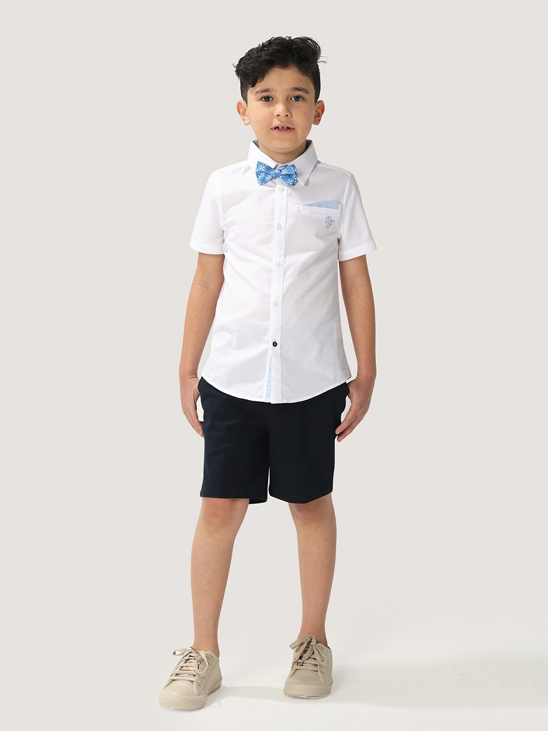 

One Friday Boys Pure Cotton Shirt Sleeves Shirt With Bow, White