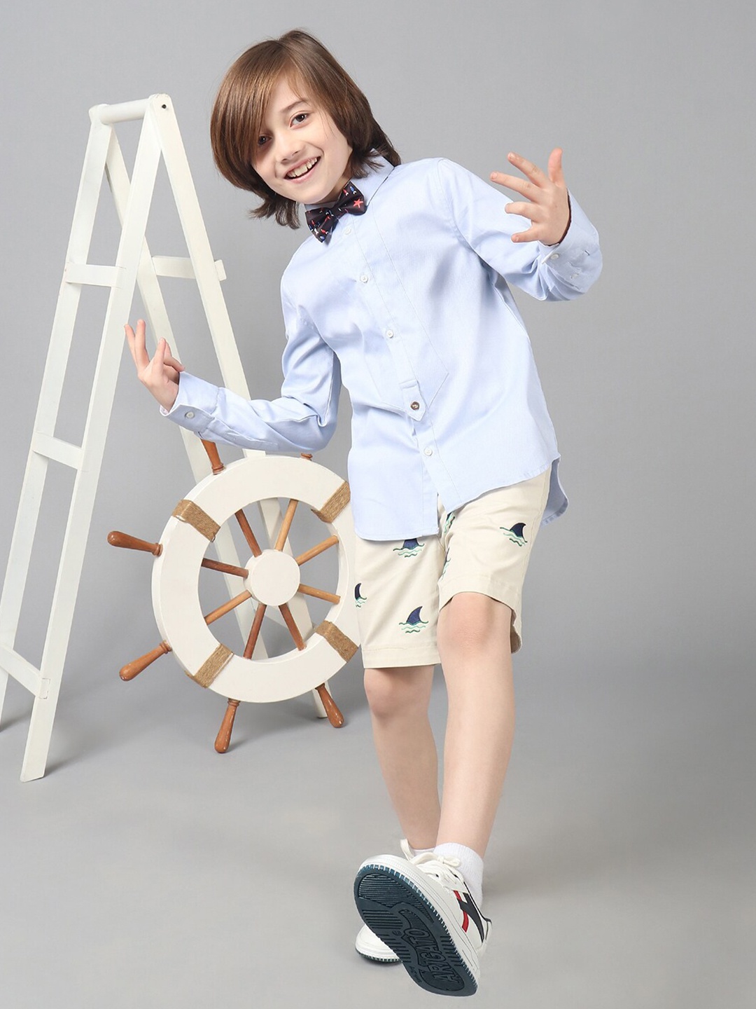 

One Friday Boys Pure Cotton Full Sleeves Shirt With Bow, Blue