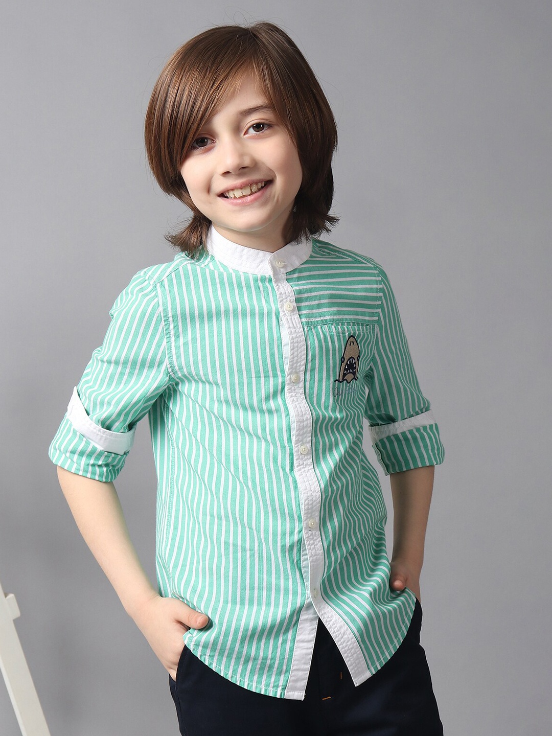 

One Friday Boys Embroidered Band Collar Full Sleeves Pure Cotton Shirt, Green