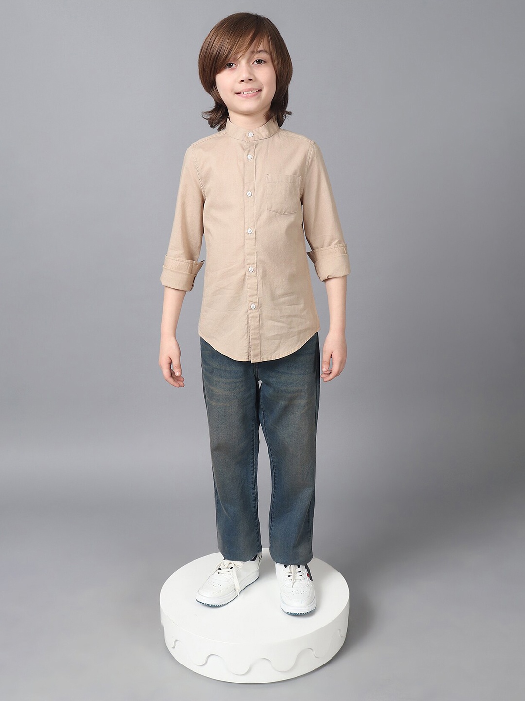 

One Friday Boys Pure Cotton Band Collar Full Sleeves Patch Pocket Shirt, Beige