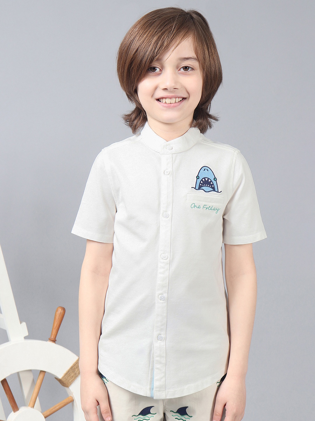 

One Friday Kids Boys Embroidered Chinese Collar Knit Short Sleeve Shirt, White