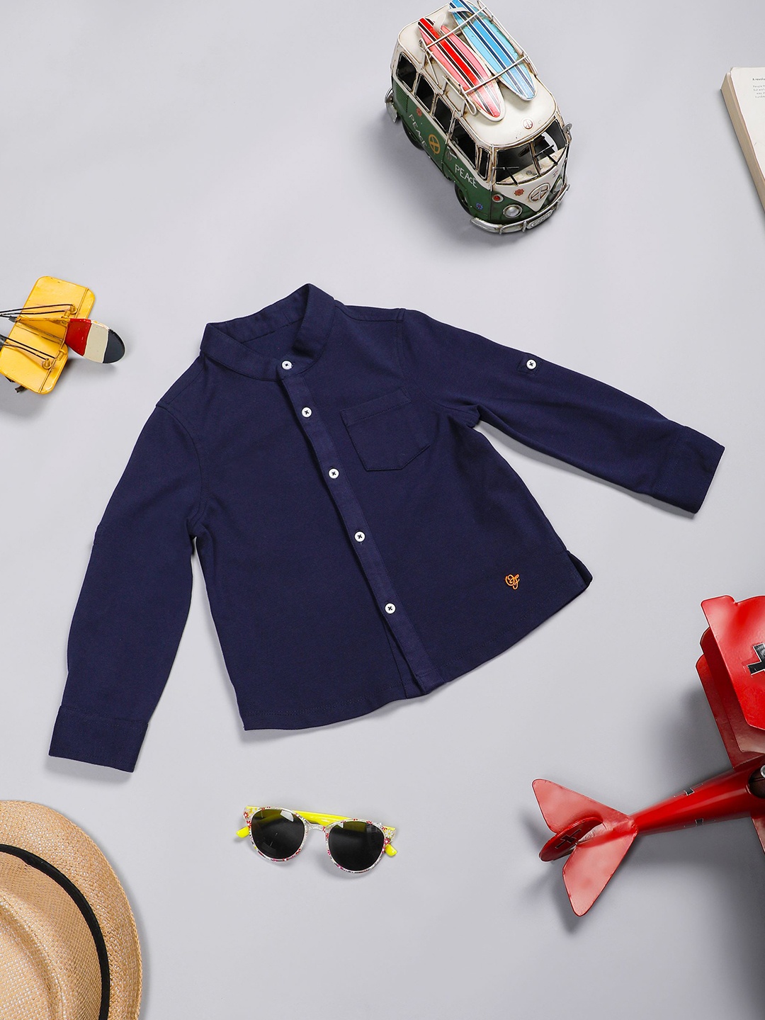 

One Friday Baby Boys Full Sleeves Stretchable Knit Shirt With Embroidery, Navy blue