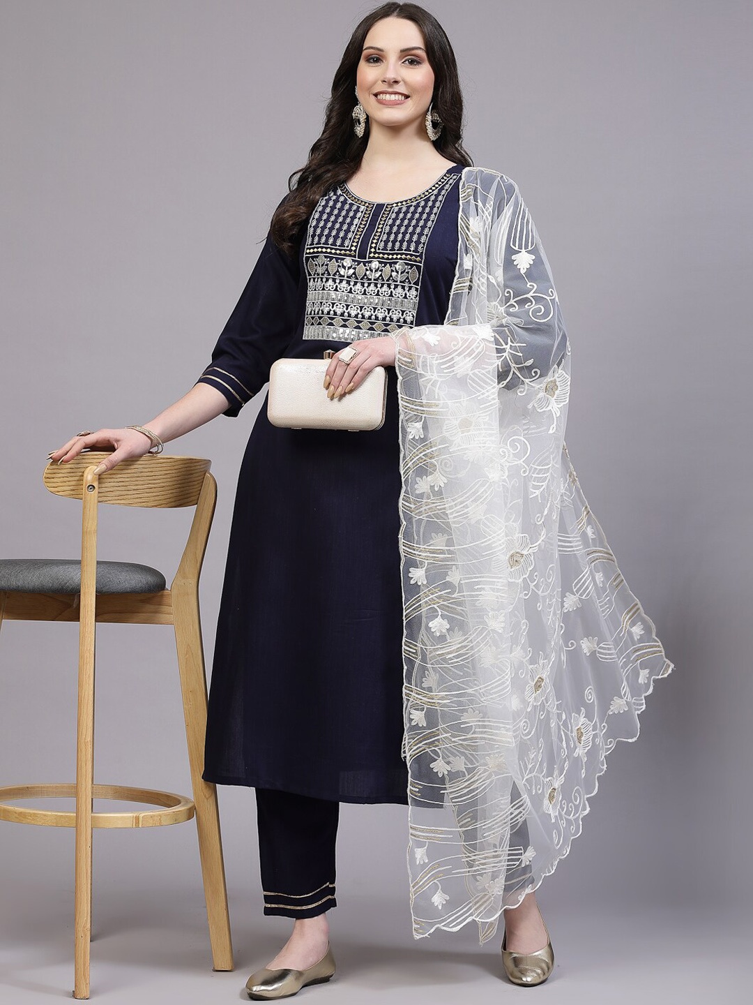 

BAESD Ethnic Motifs Embroidered Sequined Kurta with Trousers & Dupatta, Blue