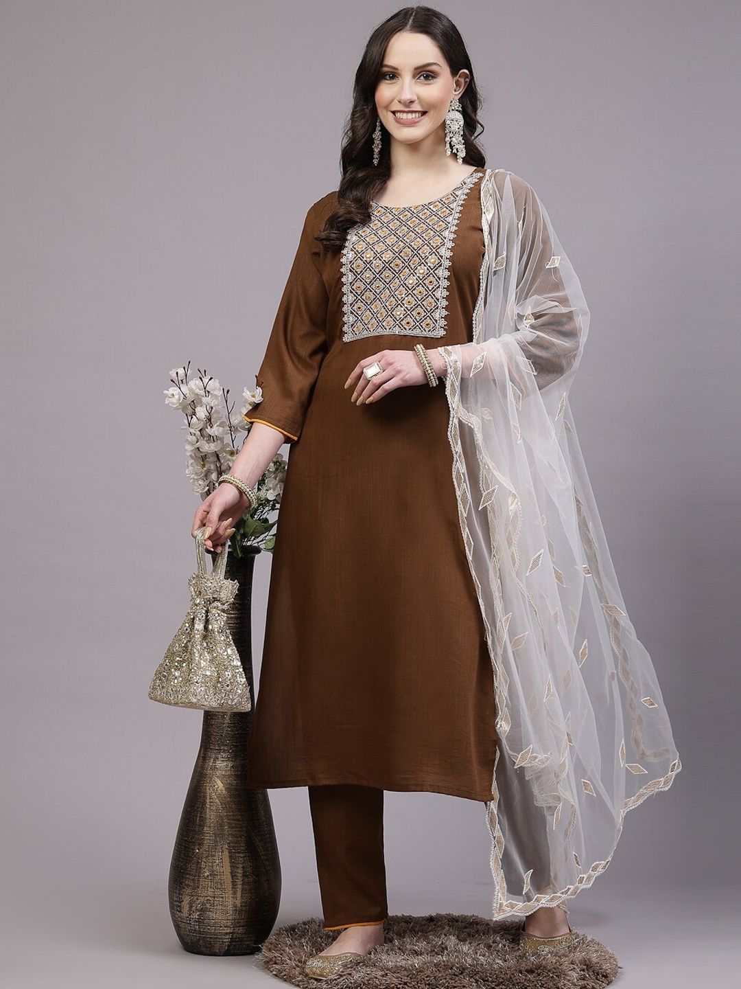 

BAESD Ethnic Motifs Yoke Design Mirror Work Detailed Straight Kurta & Trouser With Dupatta, Brown