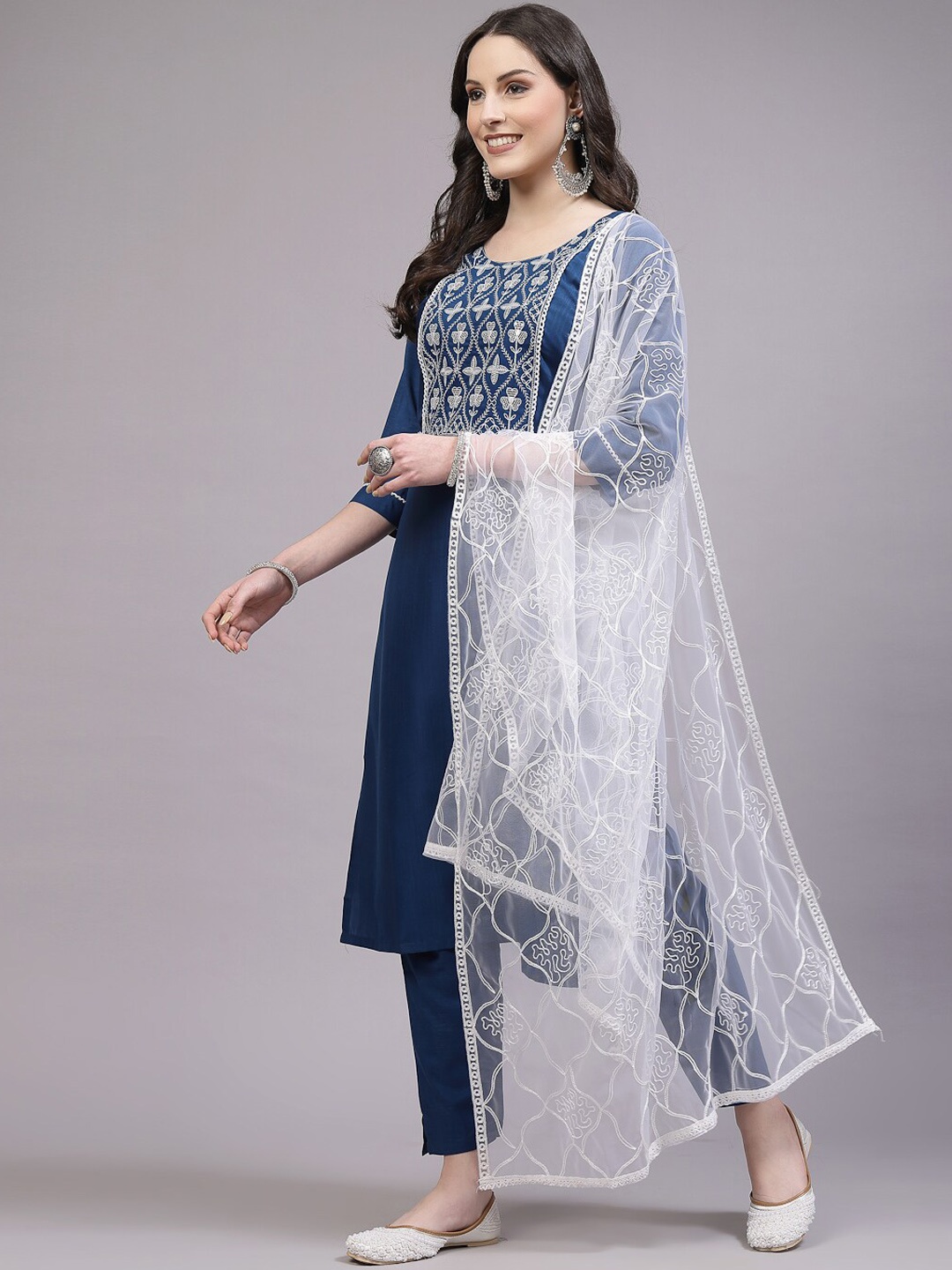 

BAESD Floral Yoke Design Sequined Kurta with Trousers & Dupatta, Turquoise blue