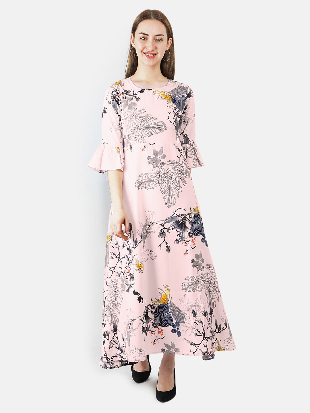 

Indietoga Floral Printed Bell Sleeve Maxi Dress, Pink