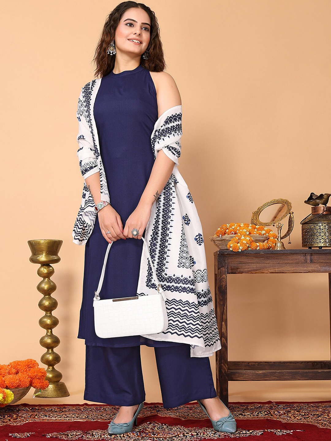 

ODETTE Regular Kurta with Trousers & Dupatta, Navy blue