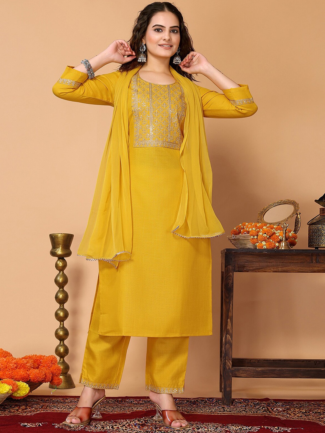 

ODETTE Floral Yoke Design Sequinned Kurta with Trousers & Dupatta, Yellow