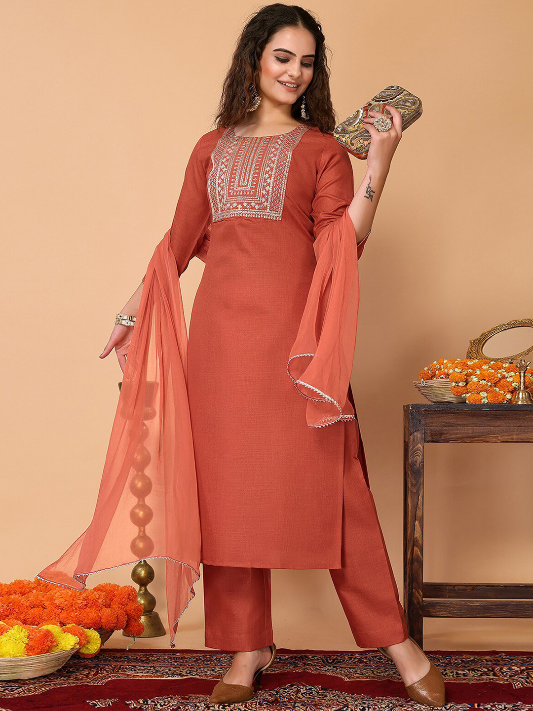 

ODETTE Ethnic Motifs Embroidered Straight Kurta with Trousers & Dupatta, Rust