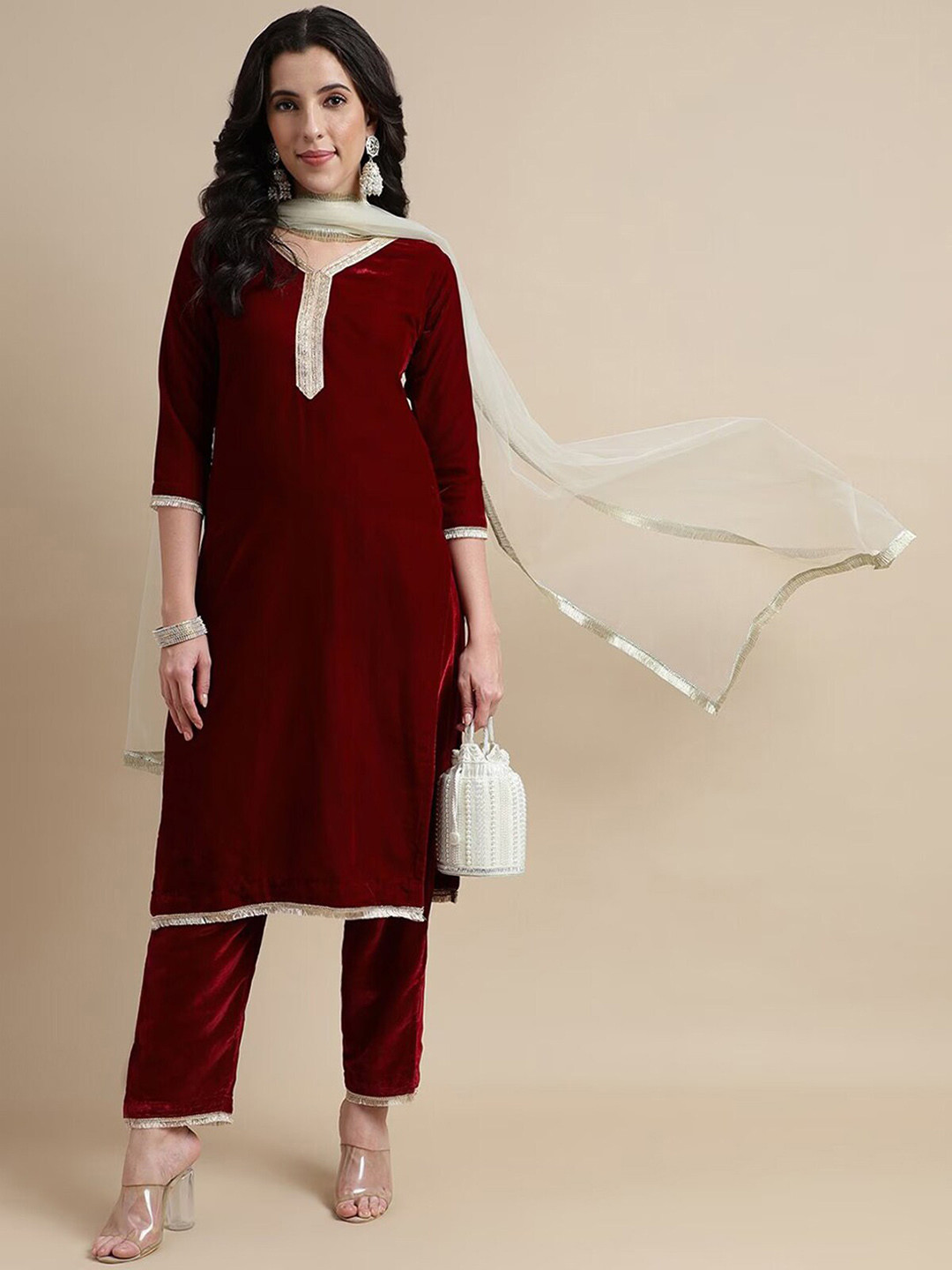 

ODETTE Velvet Thread Work Straight Kurta with Trousers & Dupatta, Maroon