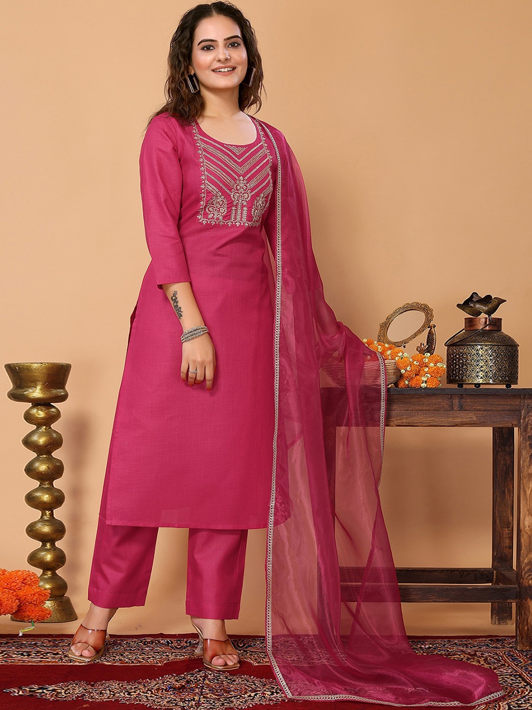 

ODETTE Ethnic Motifs Yoke Design Sequinned Straight Kurta with Trousers & Dupatta, Pink