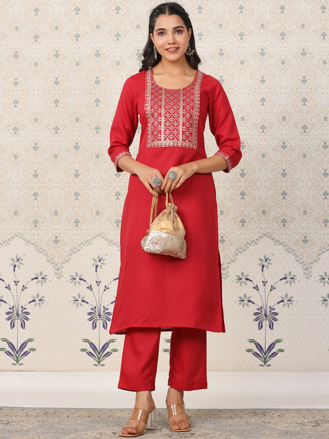 

ODETTE Ethnic Motifs Yoke Design Straight Sequinned Kurta with Palazzos, Red