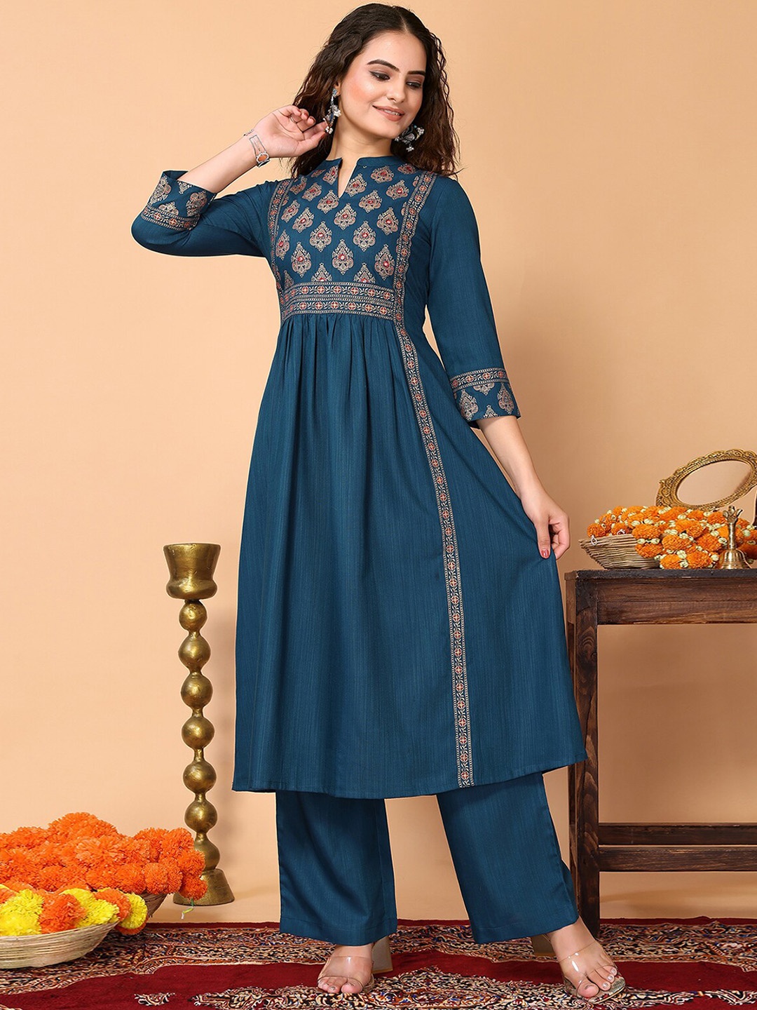 

ODETTE Ethnic Motifs Yoke Design Anarkali Kurta with Palazzos, Teal