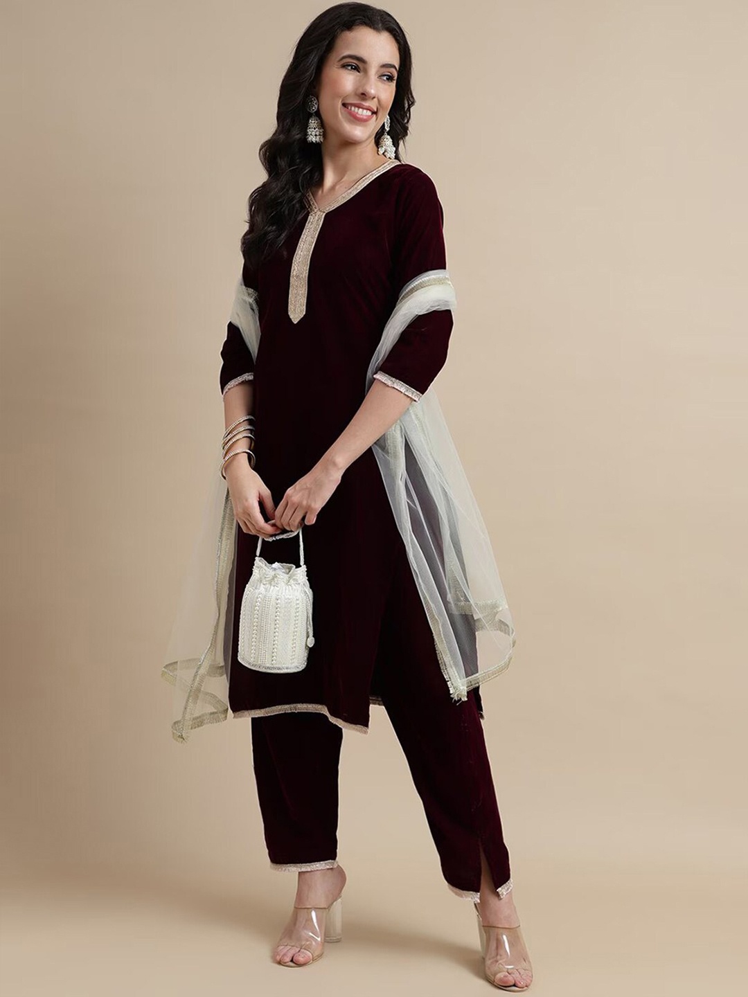 

ODETTE Yoke Design Regular Velvet Kurta with Trousers & Dupatta, Violet