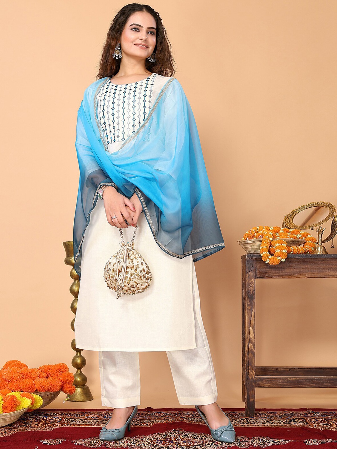 

ODETTE Yoke Design Mirror Work Kurta with Trousers & Dupatta, White