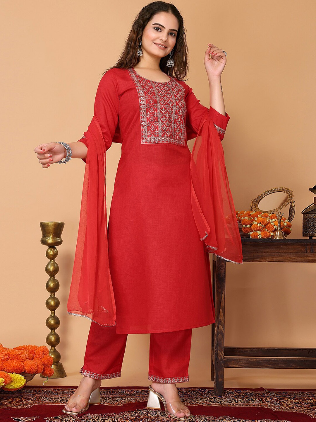 

ODETTE Ethnic Motifs Yoke Design Straight Sequinned Kurta with Trousers & Dupatta, Red