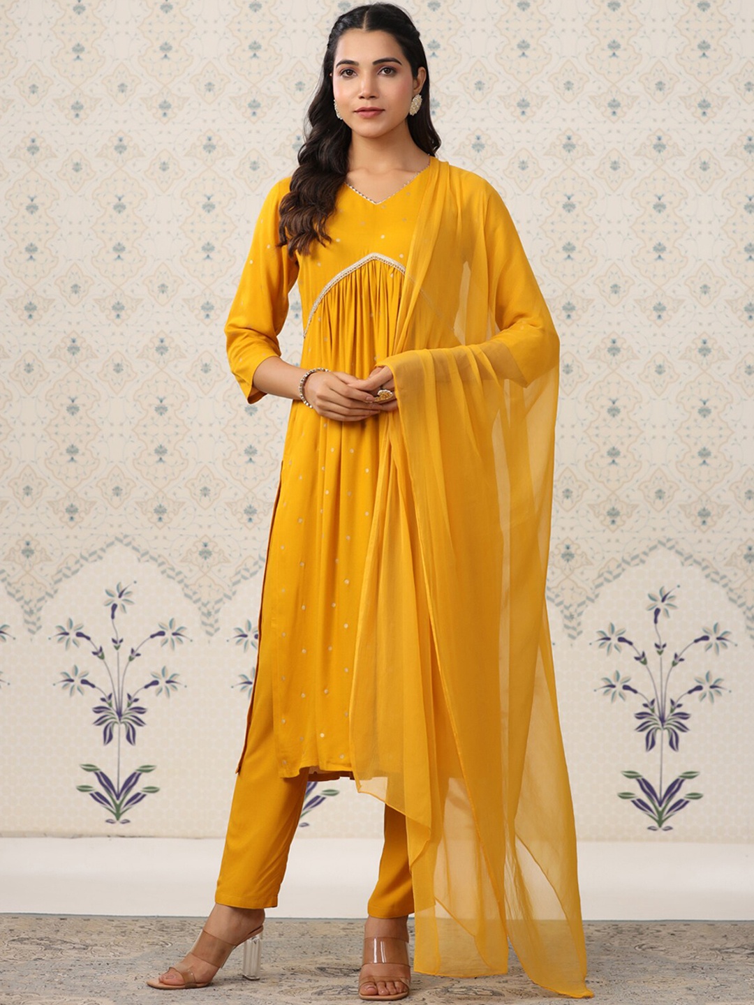 

ODETTE Polka Dots Printed Empire Gotta Patti Kurta with Trousers & Dupatta, Yellow