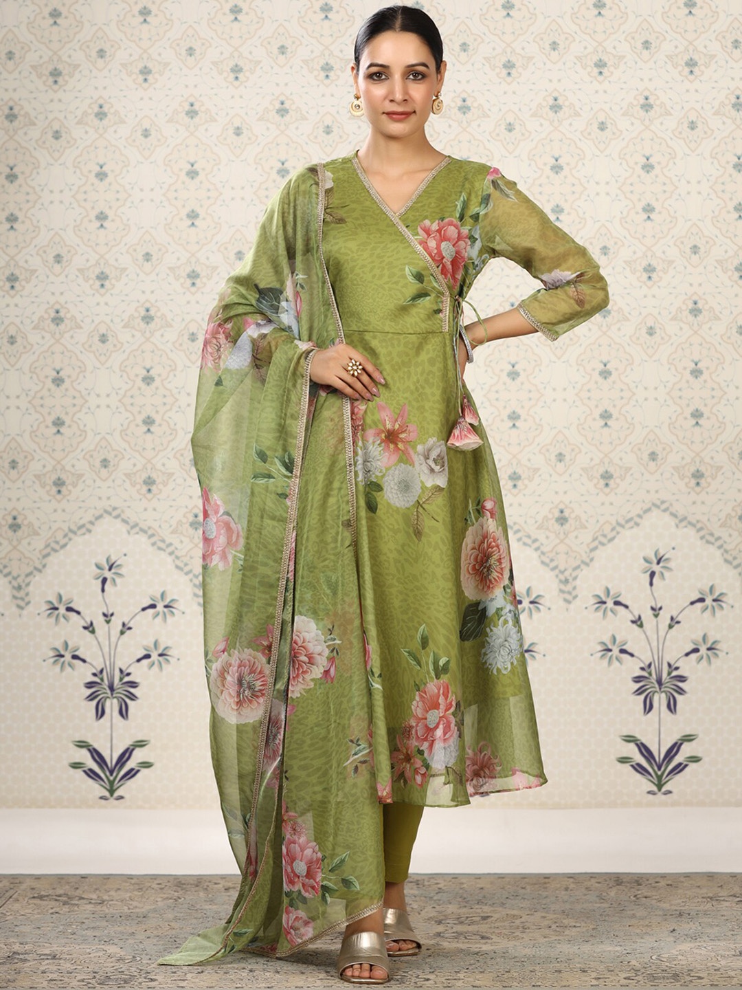

ODETTE Floral Printed Angrakha Organza Kurta with Trousers & Dupatta, Green