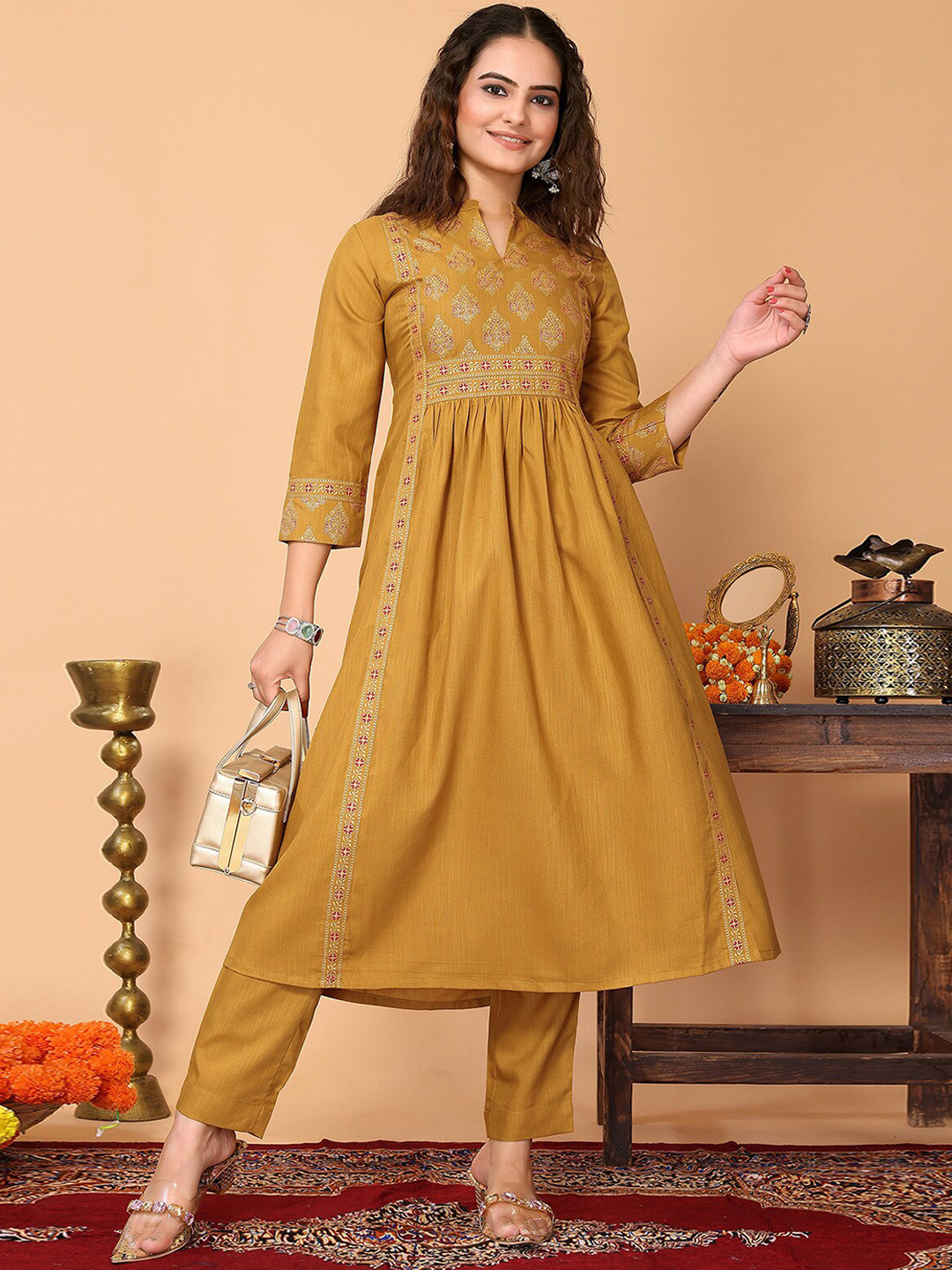 

ODETTE Ethnic Motifs Printed Regular Kurta with Palazzos, Mustard