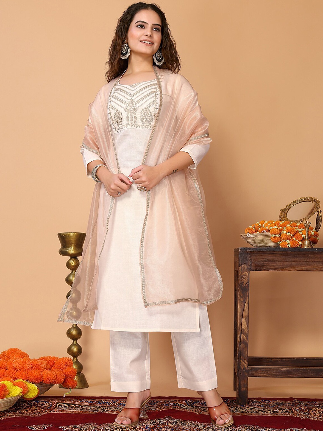 

ODETTE Ethnic Motifs Yoke Design Thread Work Kurta With Trouser & Dupatta, White