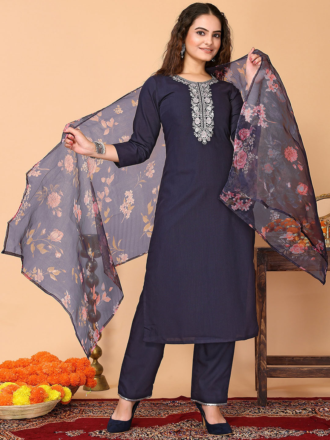 

ODETTE Ethnic Motifs Embroidered Regular Thread Work Kurta With Trousers & Dupatta, Navy blue