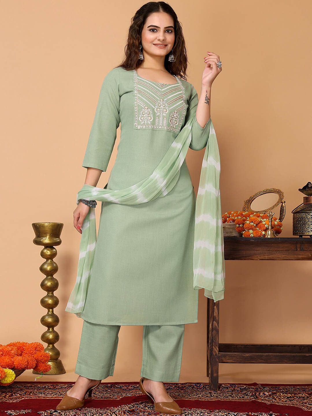 

ODETTE Ethnic Motifs Yoke Design Regular Thread Work Kurta With Trousers & Dupatta, Sea green