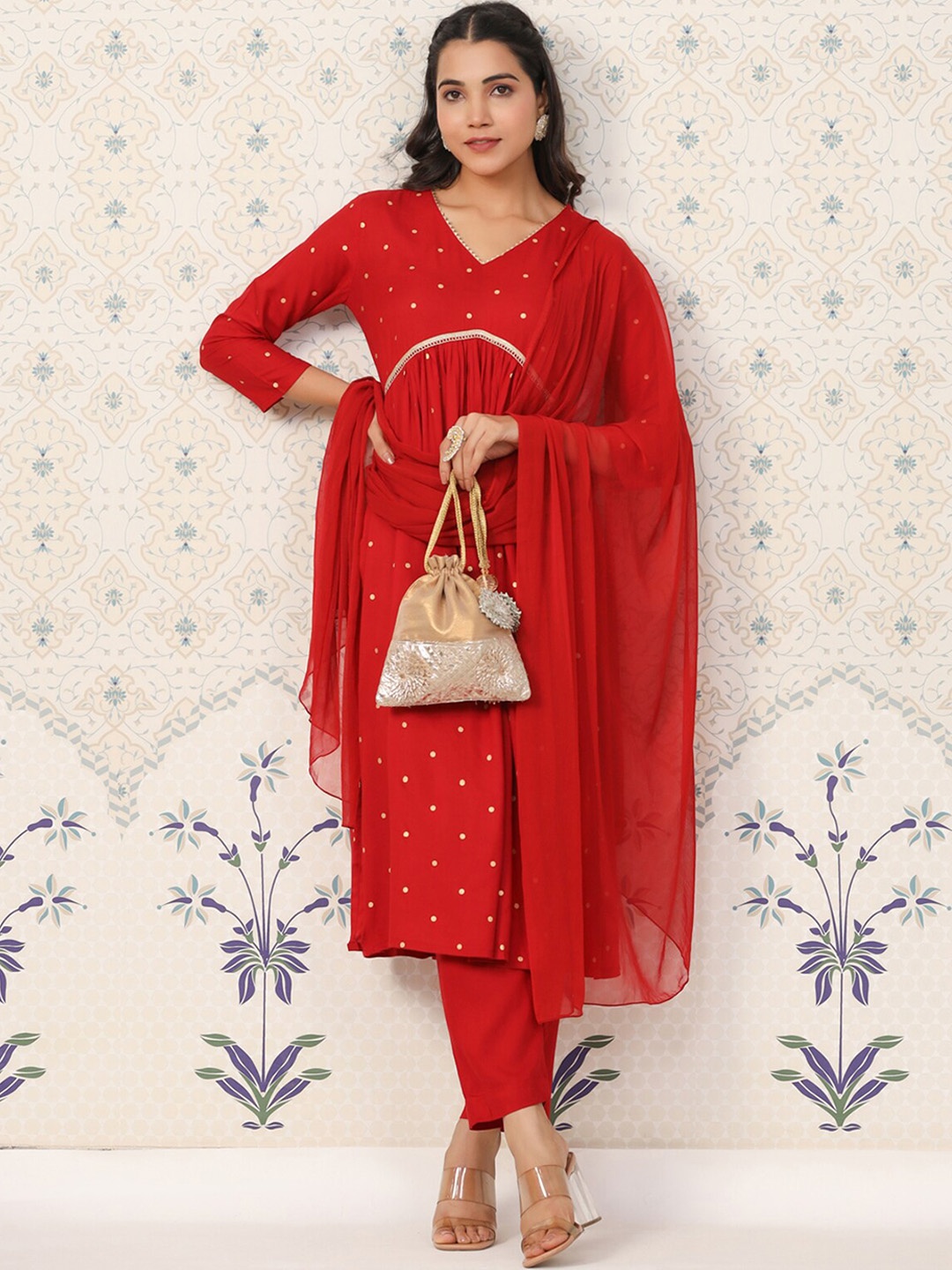

ODETTE Polka Dots Printed Empire Kurta With Trousers & Dupatta, Red