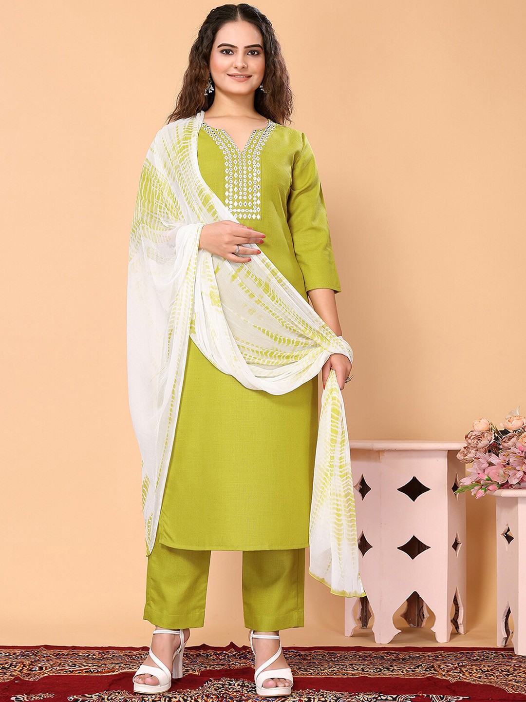 

ODETTE Ethnic Motifs Yoke Design Regular Mirror Work Kurta With Trousers & Dupatta, Green
