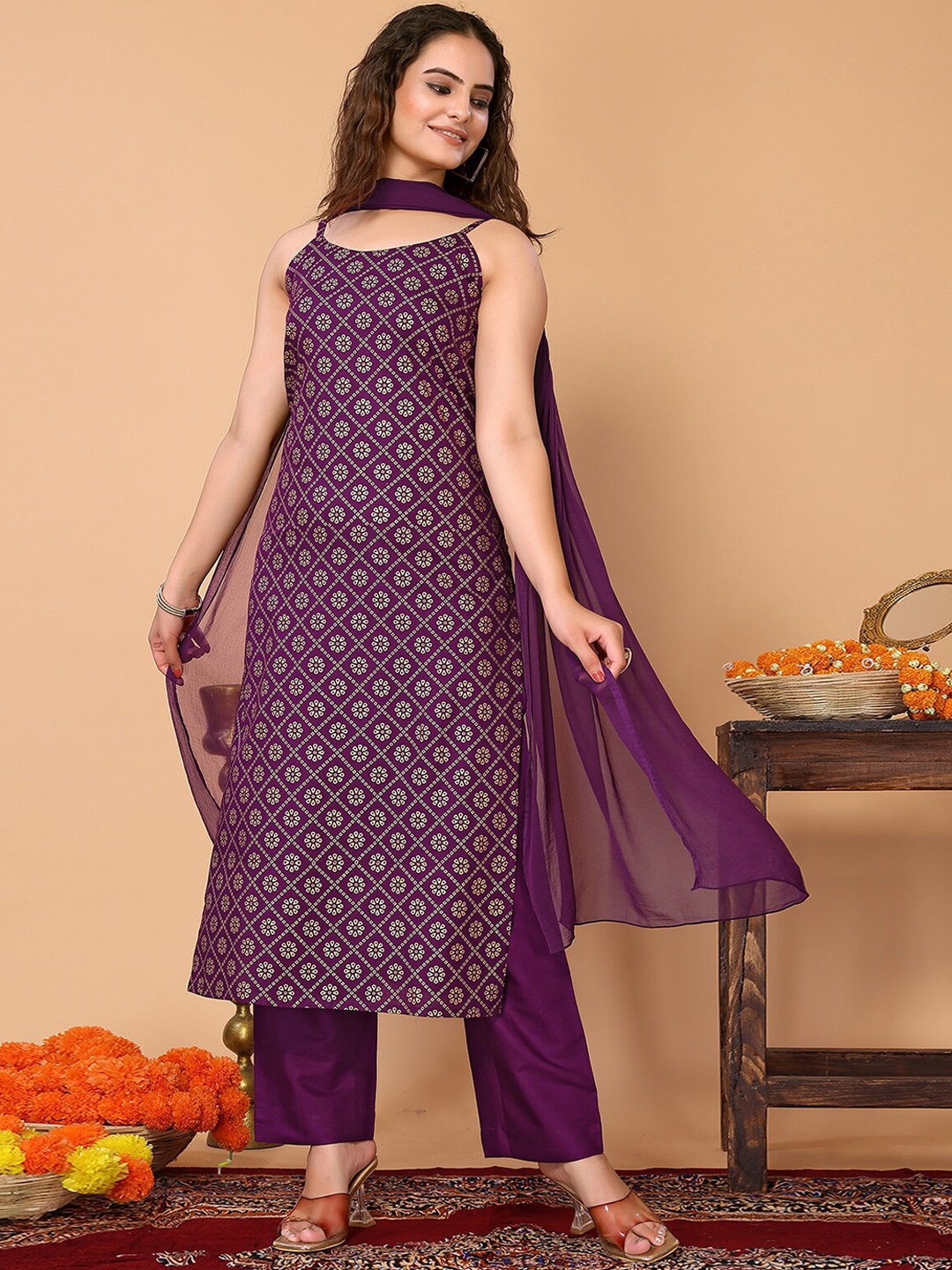 

ODETTE Ethnic Motifs Printed Regular Kurta With Trousers & Dupatta, Purple