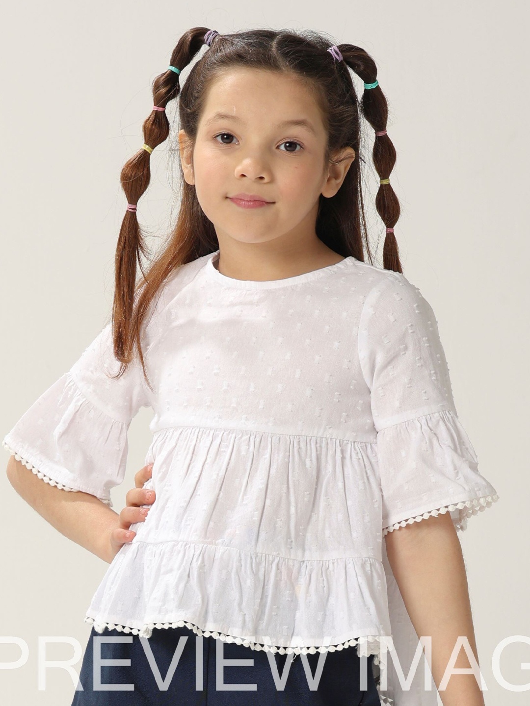 

One Friday Girls Dobby Round Neck Stretchable Cotton Tiered Top, White