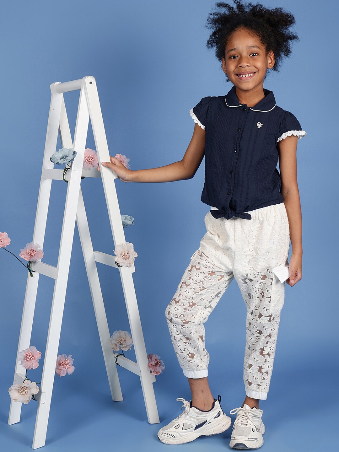 

One Friday Kids Girls Cotton Cap Sleeves Top with Edge Lace, Navy blue