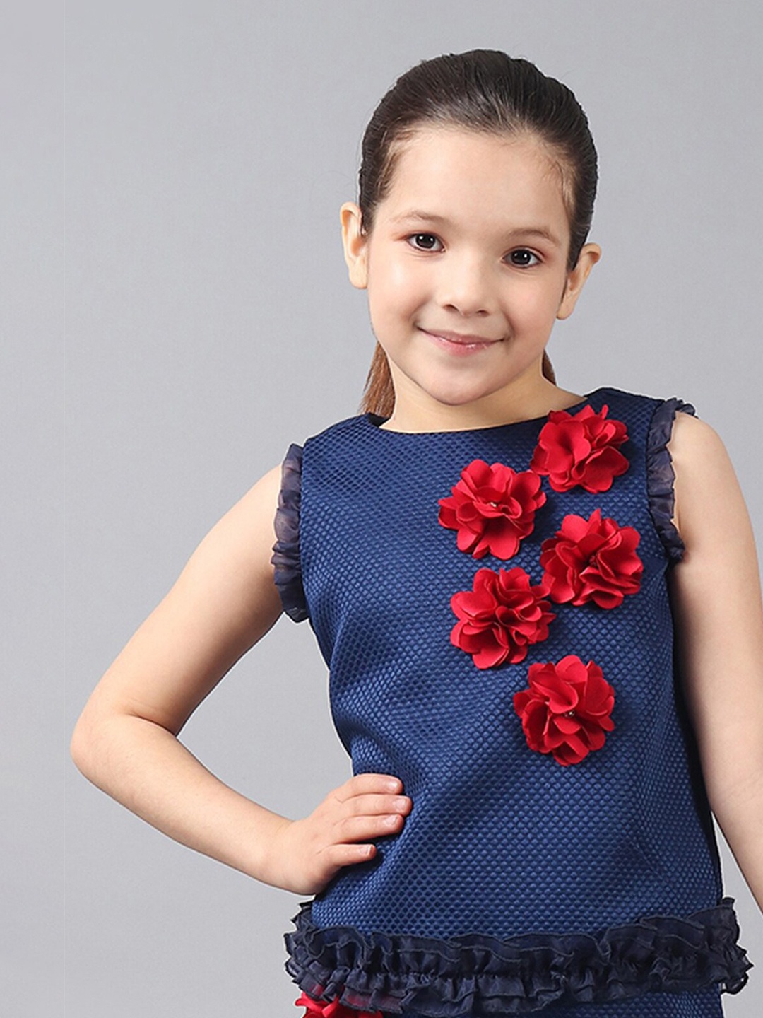 

One Friday Kids Girls Round Neck Top With 3D flowers, Navy blue