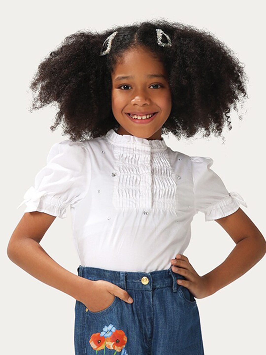 

One Friday Kids Girls Pure Cotton Short Sleeve Top With Pin Tucks & frills, White