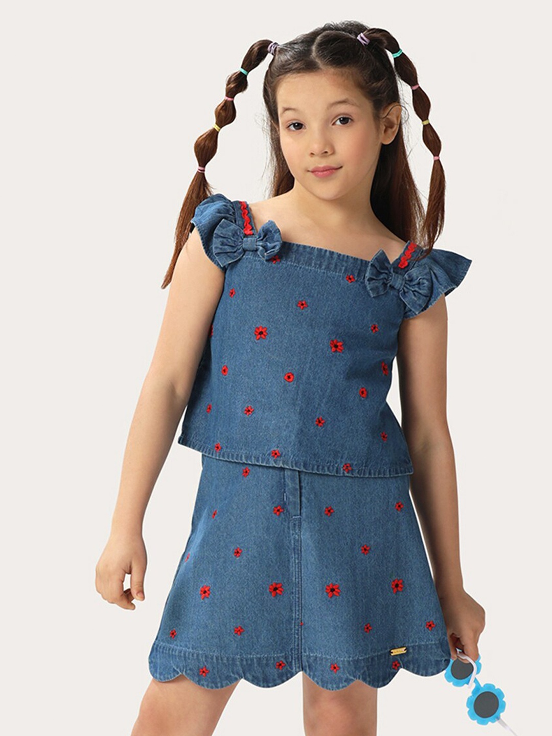 

One Friday Kids Girls Denim Top With Embroidery, Blue